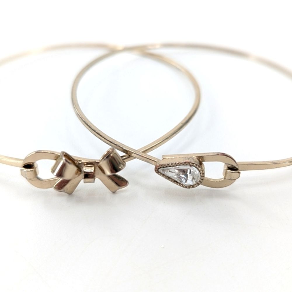 Bow and Rhinestone Dainty Gold Tone Hinge Bracelet Bundle of 2